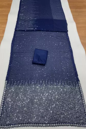 Blue color heavy georgette sequin work saree with cutwork border