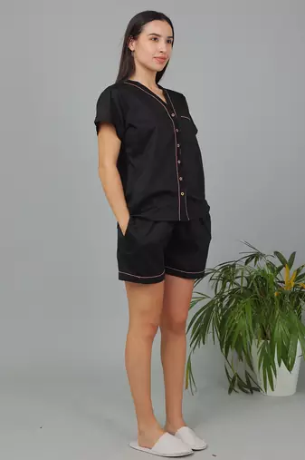 Black cotton plain shorts co-ord set for women