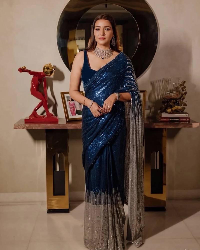 Blue color ready to wear bollywood sequin saree with unstich blouse