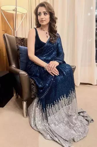 Blue color ready to wear bollywood sequin saree with unstich blouse