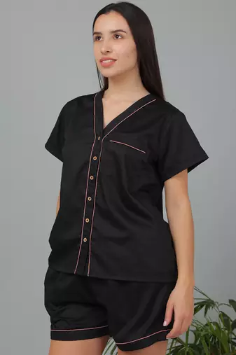 Black cotton plain shorts co-ord set for women