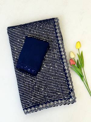 Blue color ready to wear bollywood sequin saree with unstich blouse 4