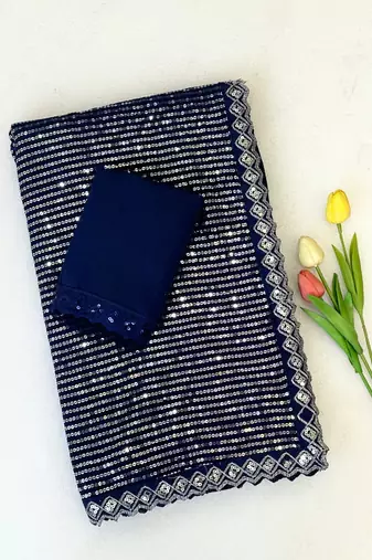 Blue color ready to wear bollywood sequin saree with unstich blouse