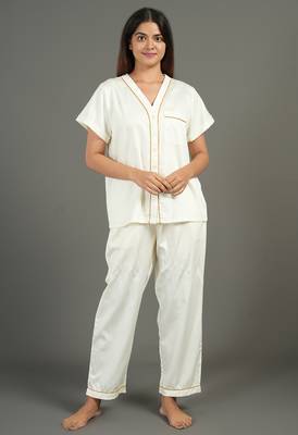 Cream everyday wear cotton pyjama co-ord set for women 1