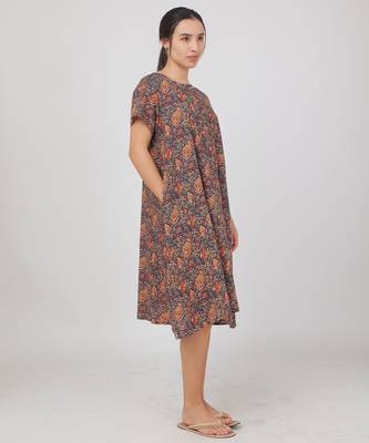Blue cotton floral printed casual dress for women 1