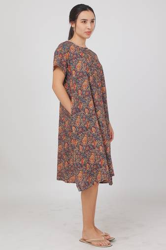 Blue cotton floral printed casual dress for women