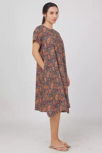 Blue cotton floral printed casual dress for women