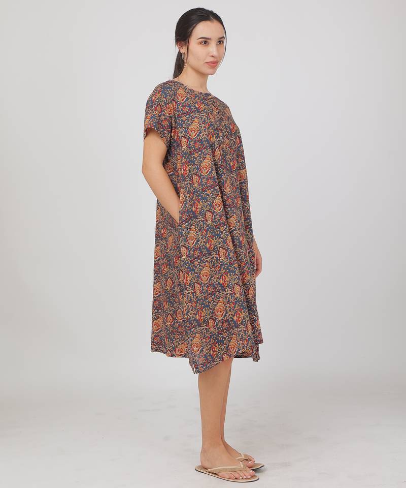 Blue cotton floral printed casual dress for women