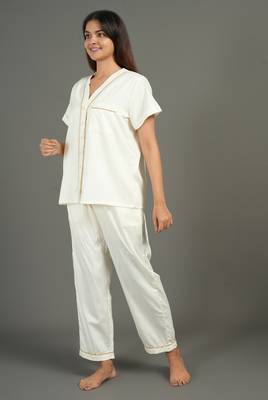 Cream everyday wear cotton pyjama co-ord set for women 2