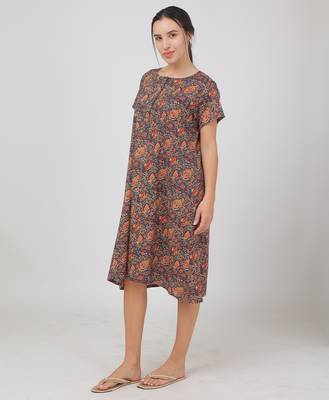 Blue cotton floral printed casual dress for women 4