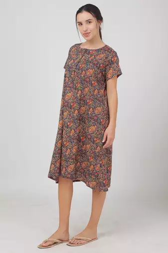 Blue cotton floral printed casual dress for women