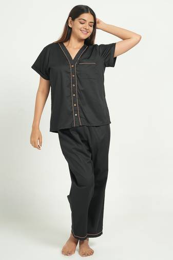 Black everyday wear cotton pyjama co-ord set for women