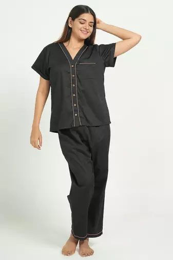 Black everyday wear cotton pyjama co-ord set for women
