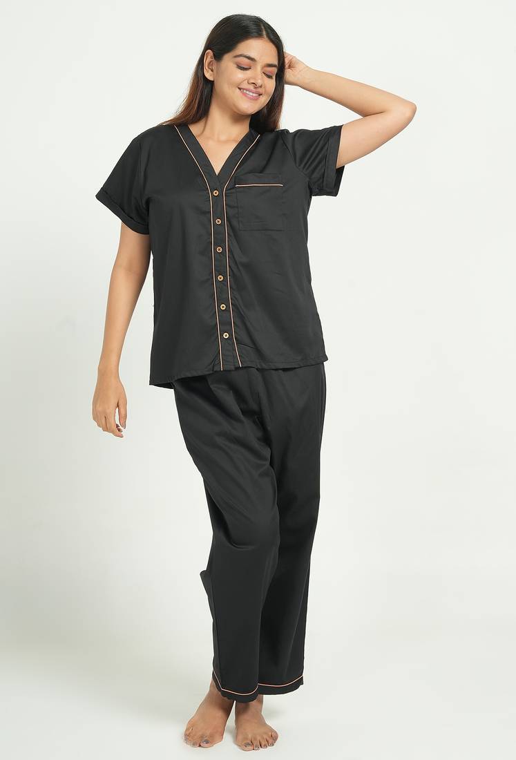Black everyday wear cotton pyjama co-ord set for women