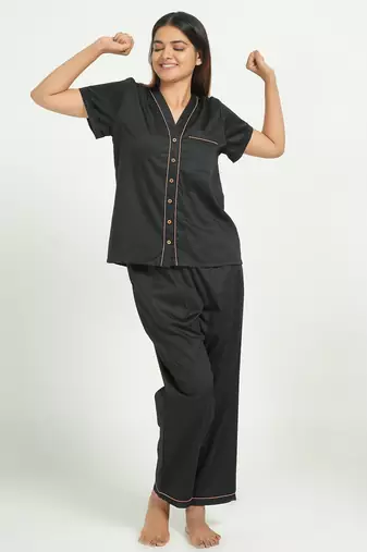 Black everyday wear cotton pyjama co-ord set for women