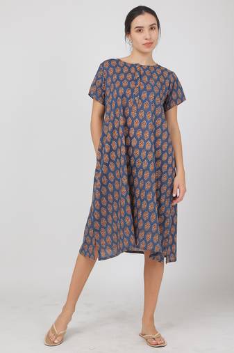 Blue cotton floral printed casual dress for women