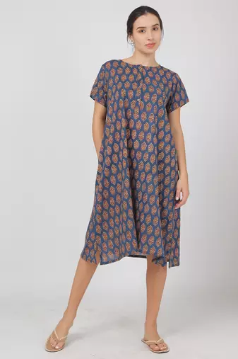 Blue cotton floral printed casual dress for women