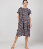 Blue cotton floral printed casual dress for women
