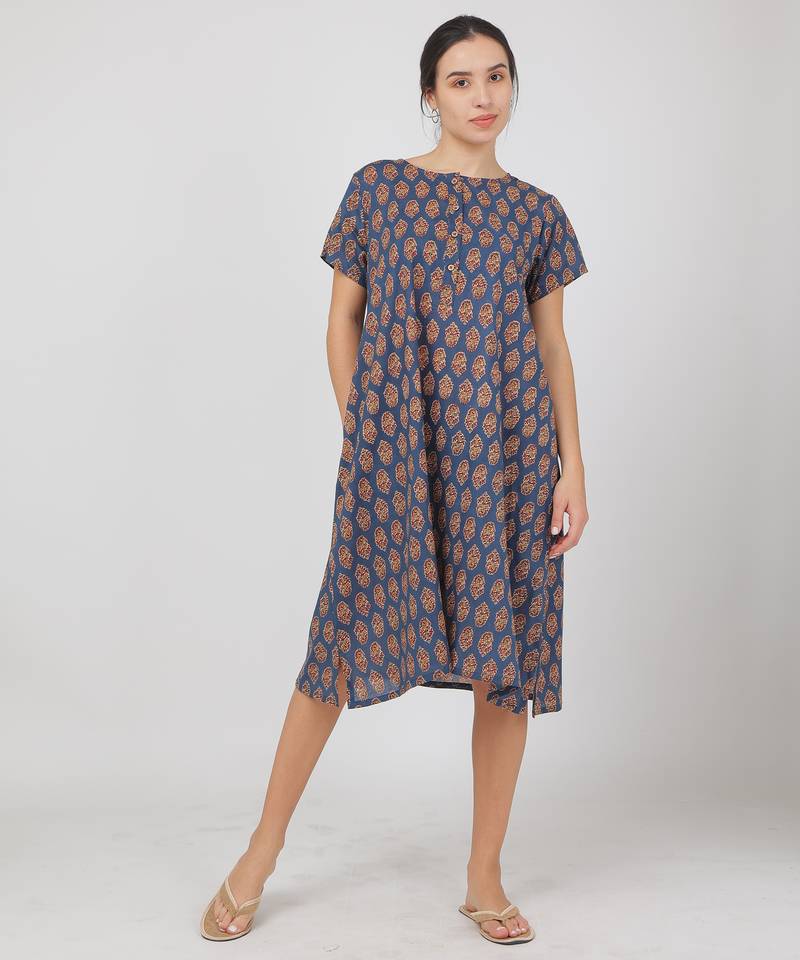 Blue cotton floral printed casual dress for women