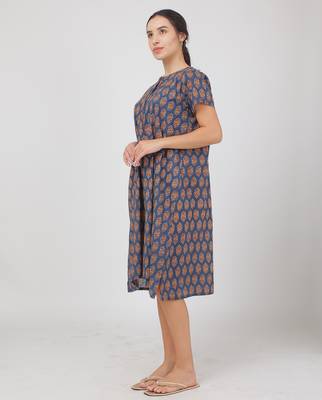 Blue cotton floral printed casual dress for women 2