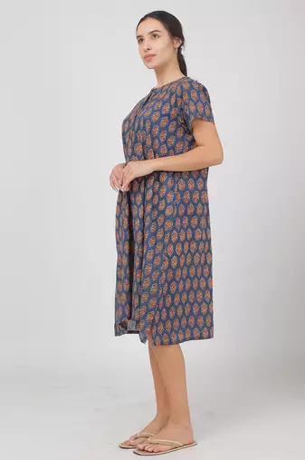 Blue cotton floral printed casual dress for women