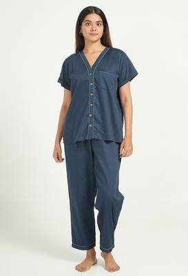 Navy blue everyday wear cotton pyjama co-ord set for women 1