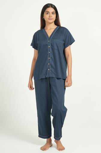 Navy blue everyday wear cotton pyjama co-ord set for women