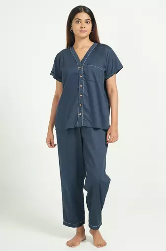 Navy blue everyday wear cotton pyjama co-ord set for women