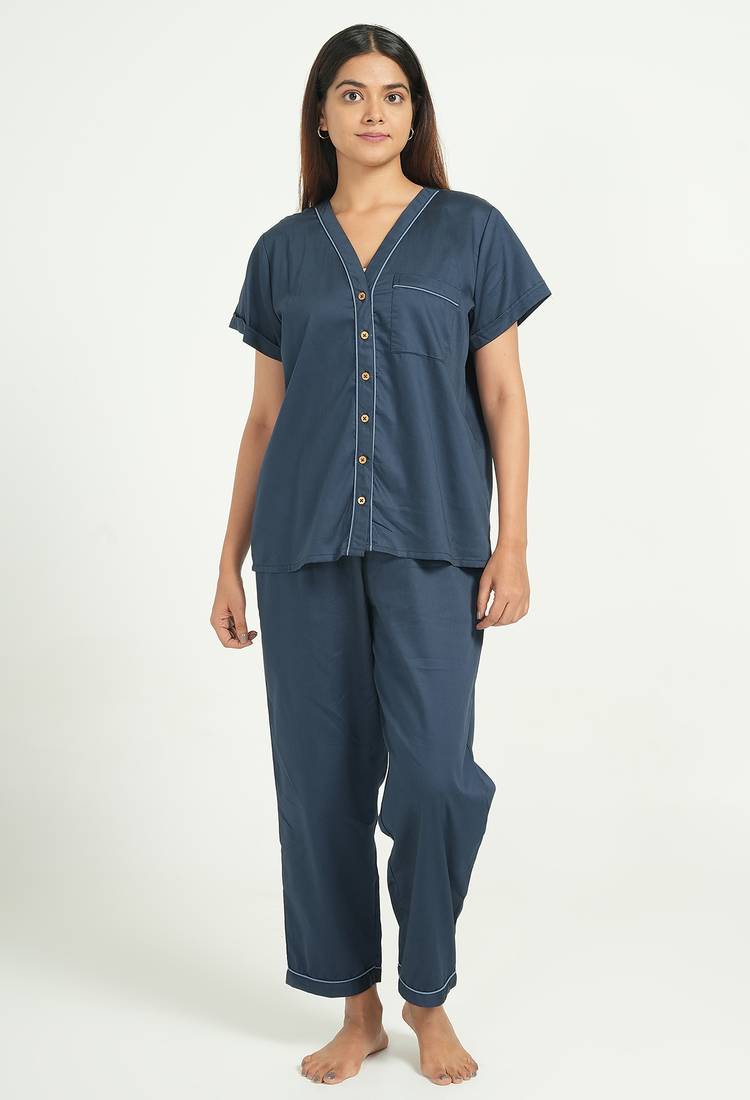 Navy blue everyday wear cotton pyjama co-ord set for women