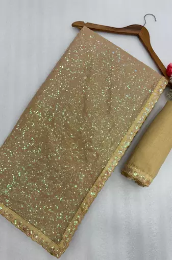 Gold color faux georgette rainbow sequin embroidered saree with silk blouse
