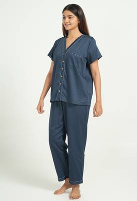 Navy blue everyday wear cotton pyjama co-ord set for women 2