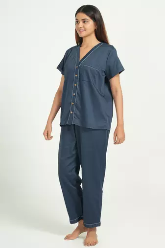Navy blue everyday wear cotton pyjama co-ord set for women