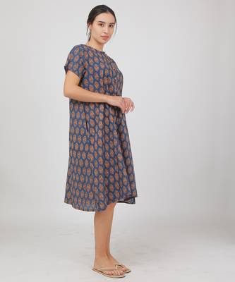 Blue cotton floral printed casual dress for women 3