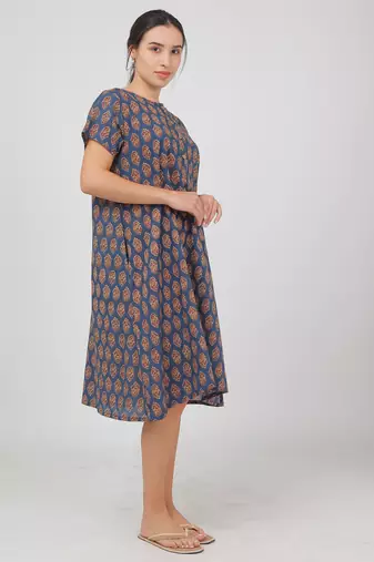 Blue cotton floral printed casual dress for women