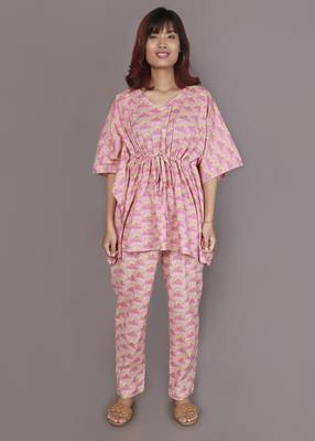 Pink floral printed cotton kaftan co-ord set for women 1