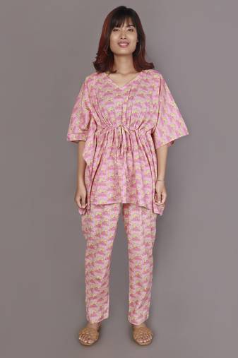 Pink floral printed cotton kaftan co-ord set for women