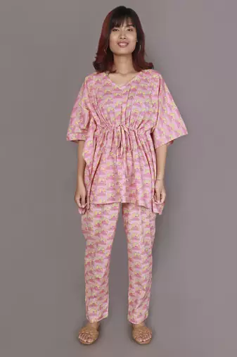 Pink floral printed cotton kaftan co-ord set for women