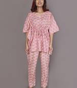 Pink floral printed cotton kaftan co-ord set for women