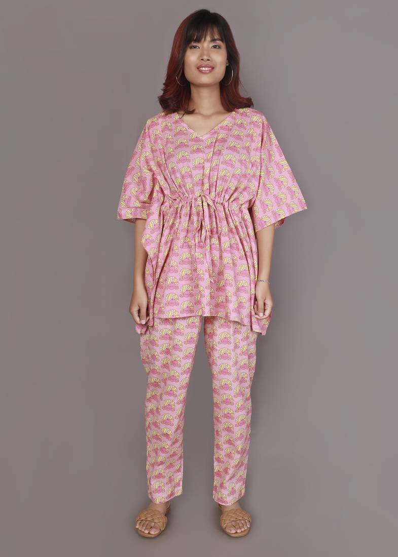 Pink floral printed cotton kaftan co-ord set for women
