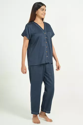 Navy blue everyday wear cotton pyjama co-ord set for women