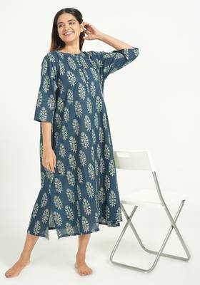 Blue cotton floral printed casual dress for women 1