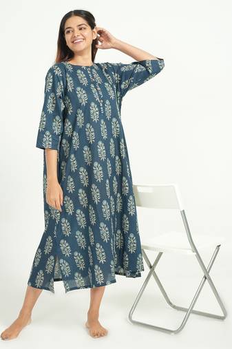 Blue cotton floral printed casual dress for women