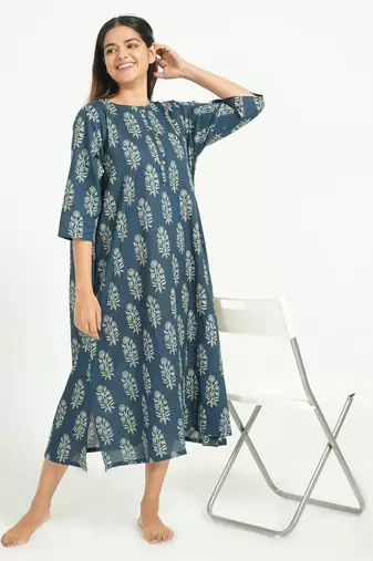 Blue cotton floral printed casual dress for women