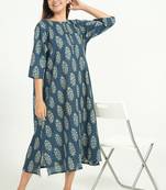 Blue cotton floral printed casual dress for women