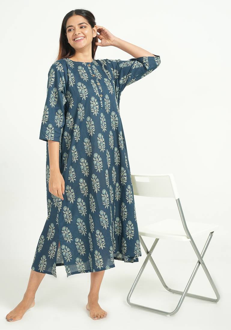 Blue cotton floral printed casual dress for women
