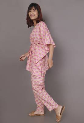 Pink floral printed cotton kaftan co-ord set for women 2