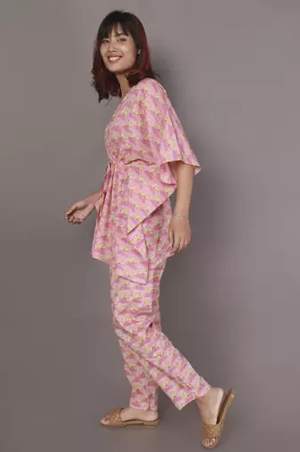 Pink floral printed cotton kaftan co-ord set for women
