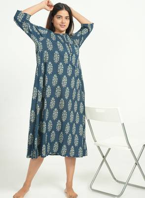 Blue cotton floral printed casual dress for women 2