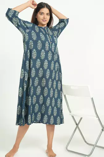 Blue cotton floral printed casual dress for women