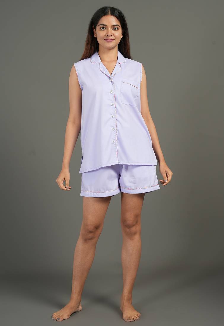Lavender everyday wear cotton shorts co-ord set for women